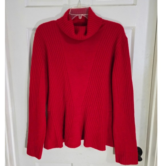 Magaschoni Cashmere Red Turtleneck Peplum Ribbed Knit Long Sleeve Sweater XL - Picture 4 of 10